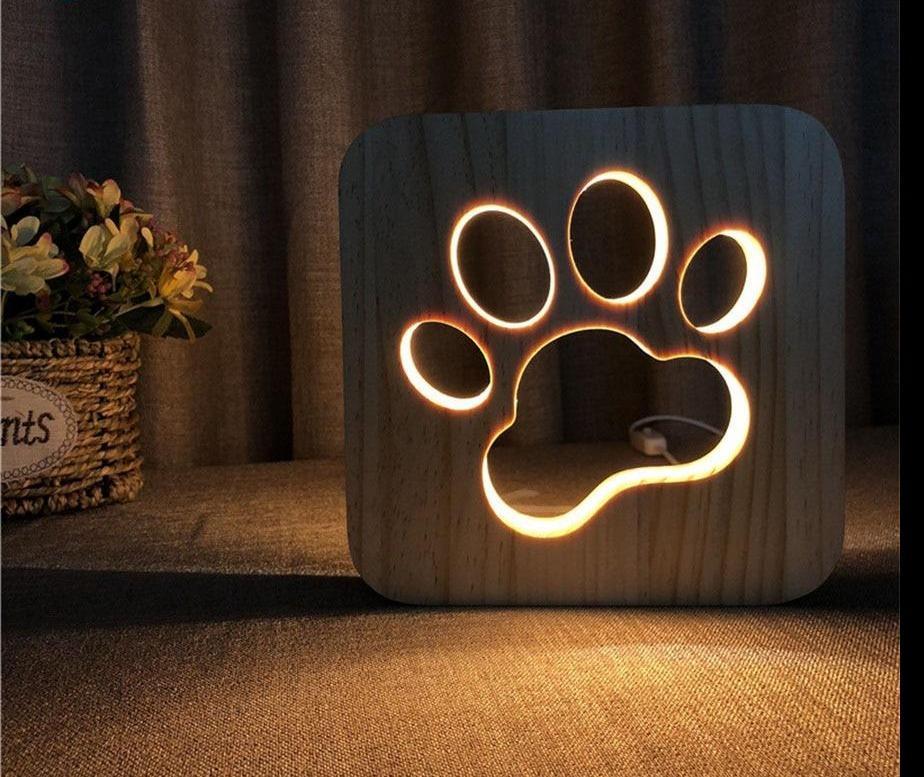 Wooden Dog Paw Cat Animal Night Light